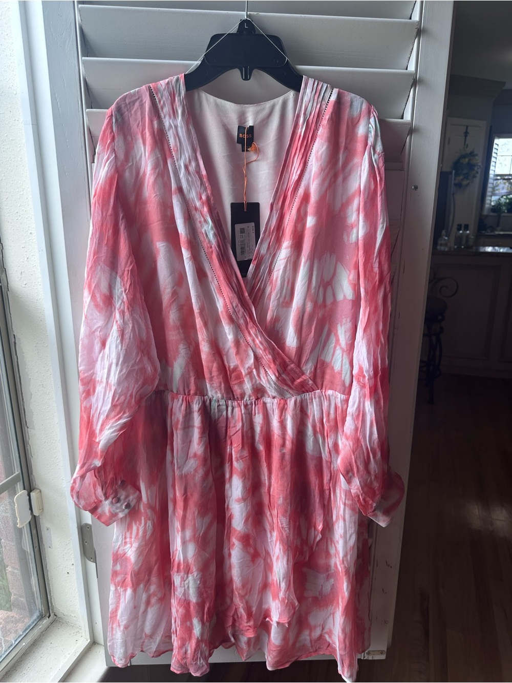 Boss Coral and White Long-Sleeve Tie-Dye Wrap Dress